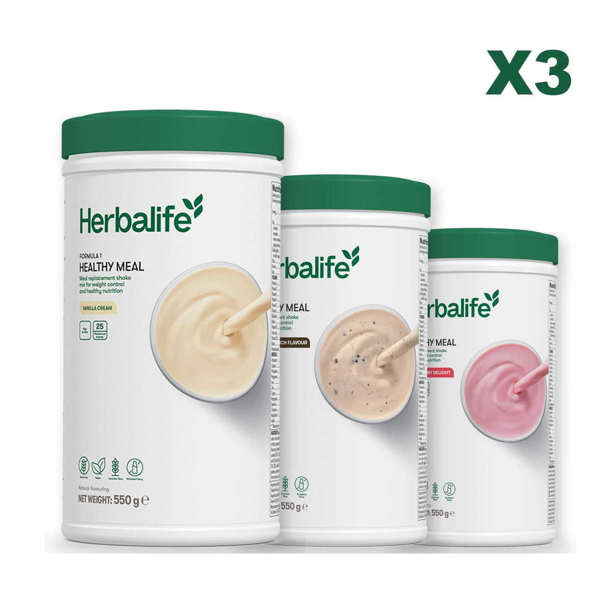 Three Formula 1 shake tubs led by Vanilla Cream, plus two flavours you choose, Cookie Crunch / Strawberry