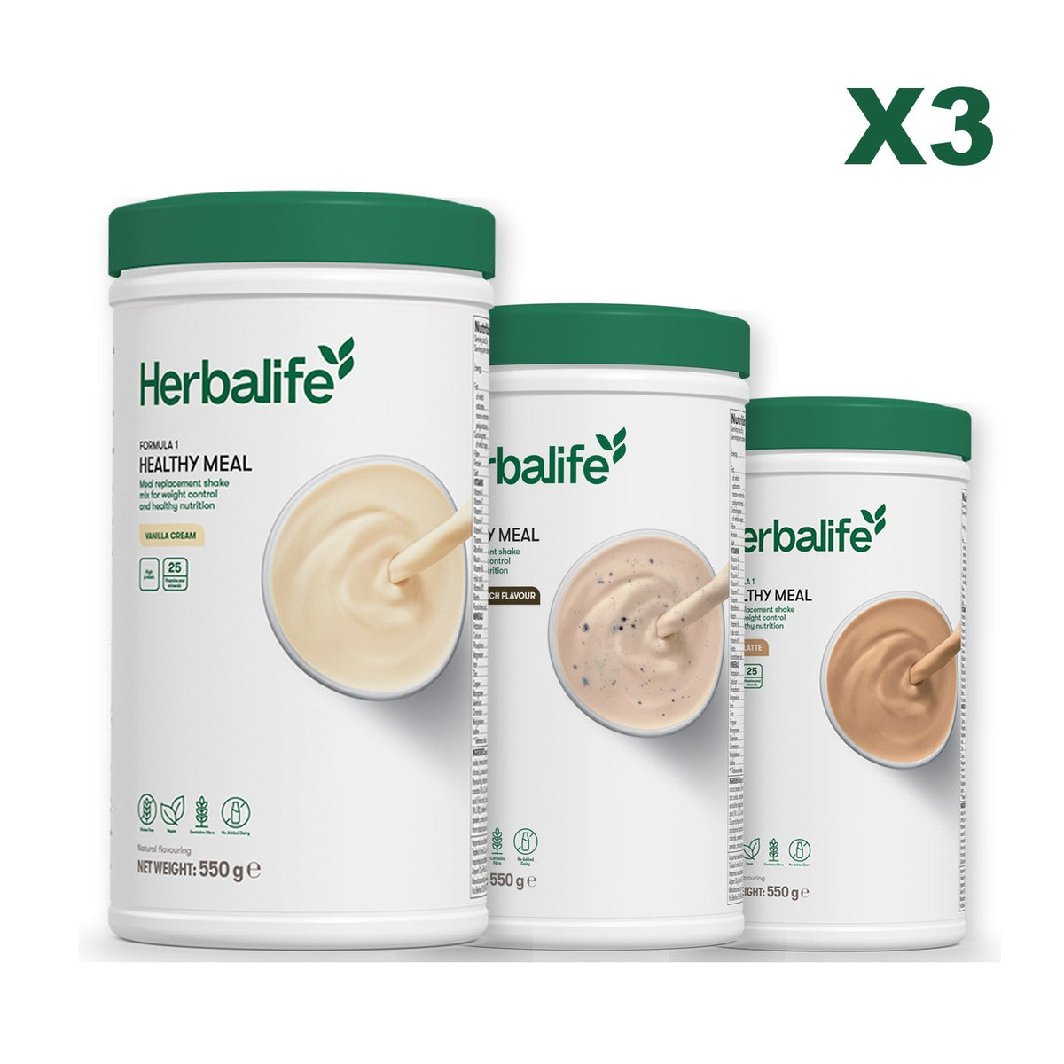 Three Formula 1 shake tubs led by Vanilla Cream, plus two flavours you choose, Cookie Crunch / Cafe Latte