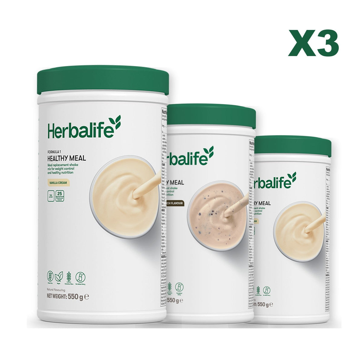 Three Formula 1 shake tubs led by Vanilla Cream, plus two flavours you choose, Cookie Crunch / Vanilla