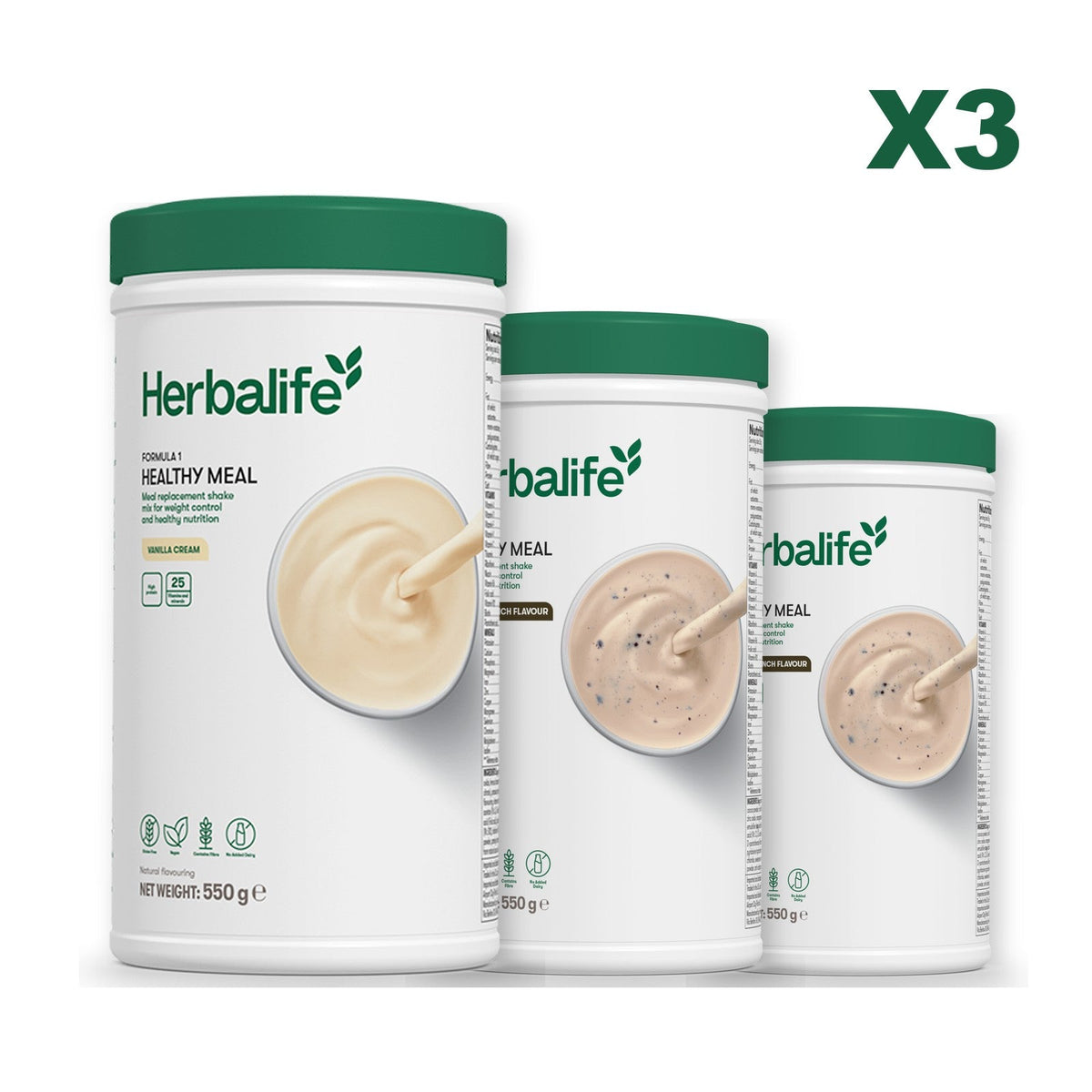 Three Formula 1 shake tubs led by Vanilla Cream, plus two flavours you choose, Cookie Crunch / Cookie Crunch