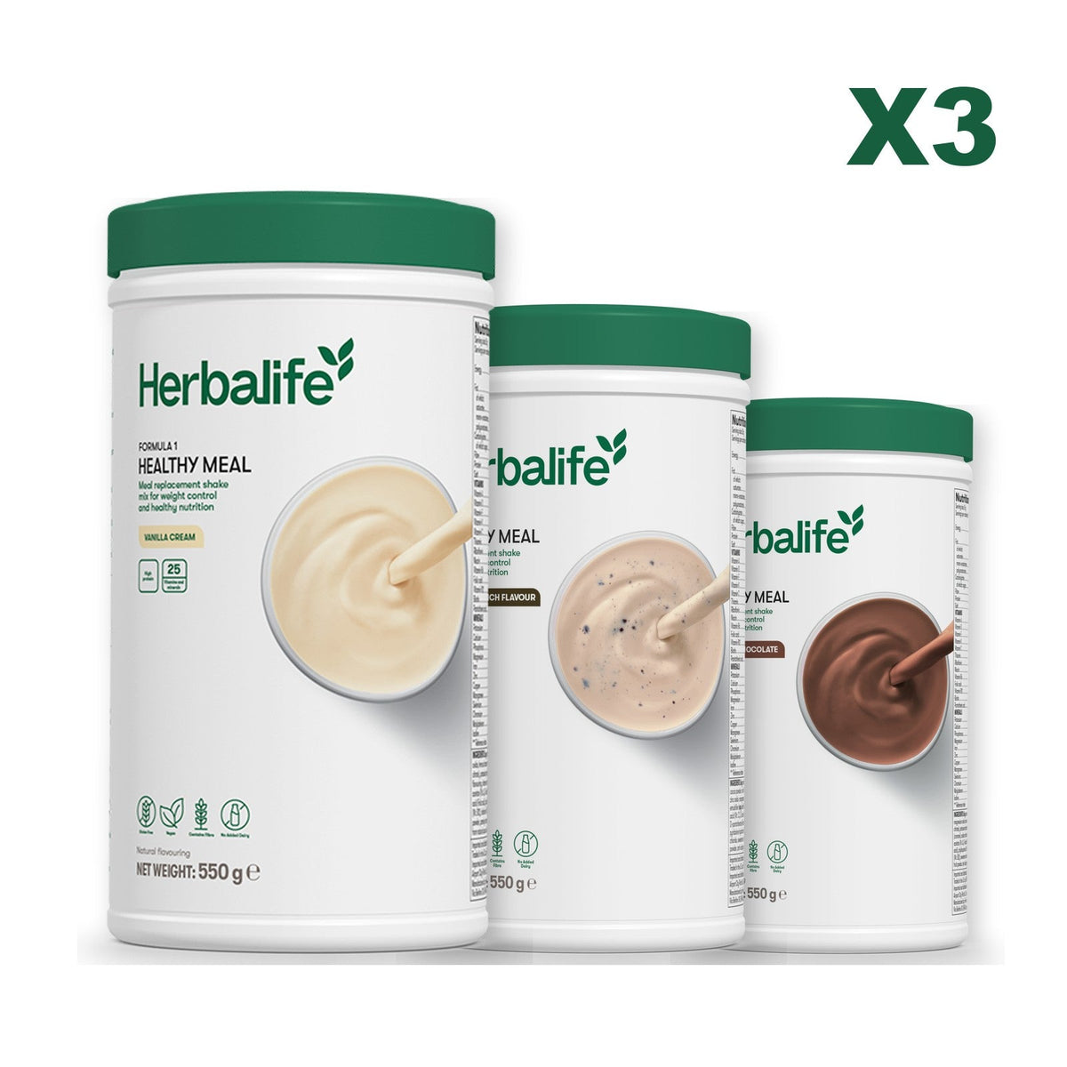 Three Formula 1 shake tubs led by Vanilla Cream, plus two flavours you choose, Cookie Crunch / Chocolate
