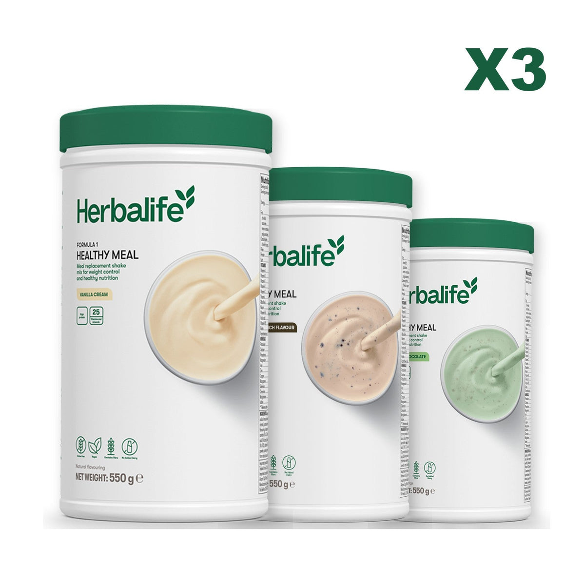 Three Formula 1 shake tubs led by Vanilla Cream, plus two flavours you choose, Cookie Crunch / Mint Chocolate