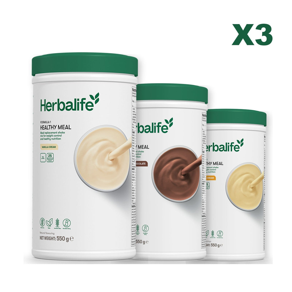 Three Formula 1 shake tubs led by Vanilla Cream, plus two flavours you choose, Chocolate / Banana Cream