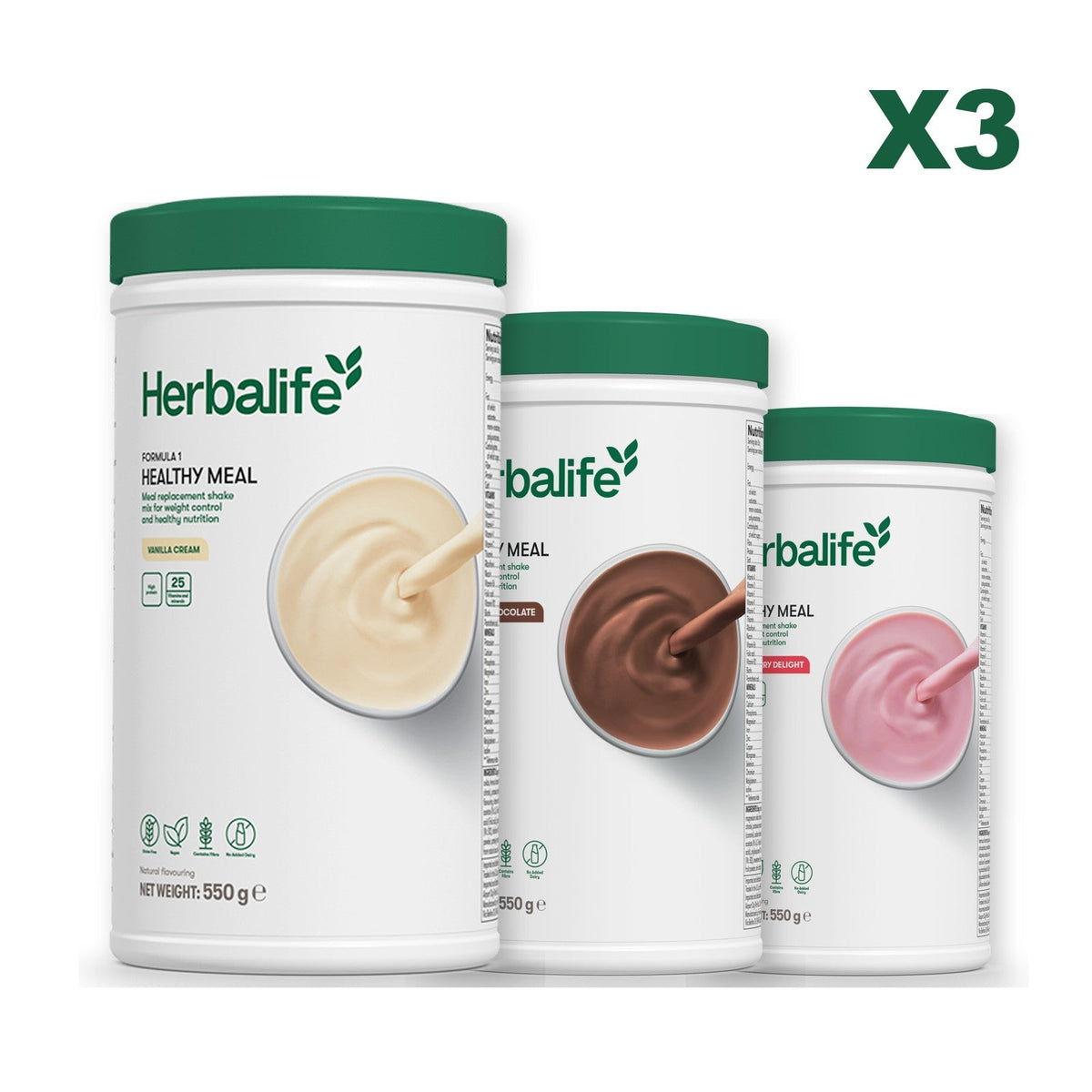 Three Formula 1 shake tubs led by Vanilla Cream, plus two flavours you choose, Chocolate / Strawberry