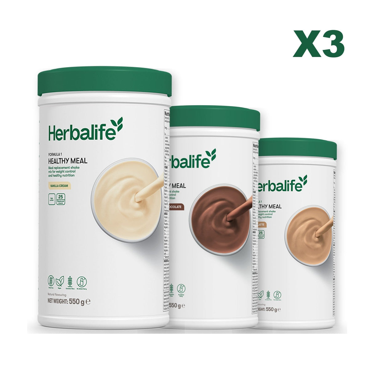 Three Formula 1 shake tubs led by Vanilla Cream, plus two flavours you choose, Chocolate / Cafe Latte