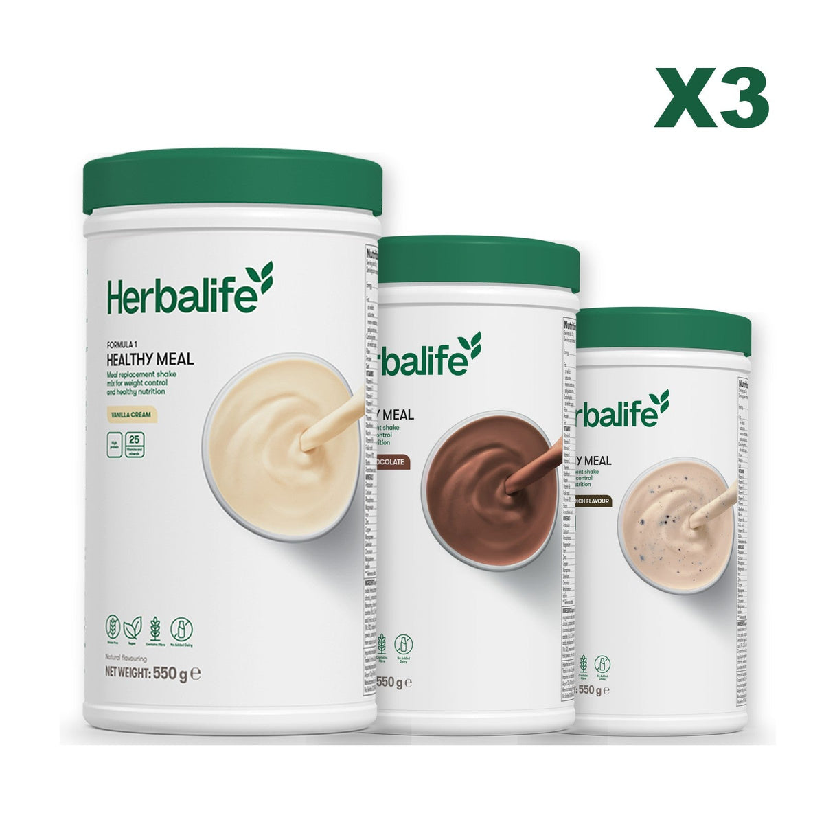 Three Formula 1 shake tubs led by Vanilla Cream, plus two flavours you choose, Chocolate / Cookie Crunch