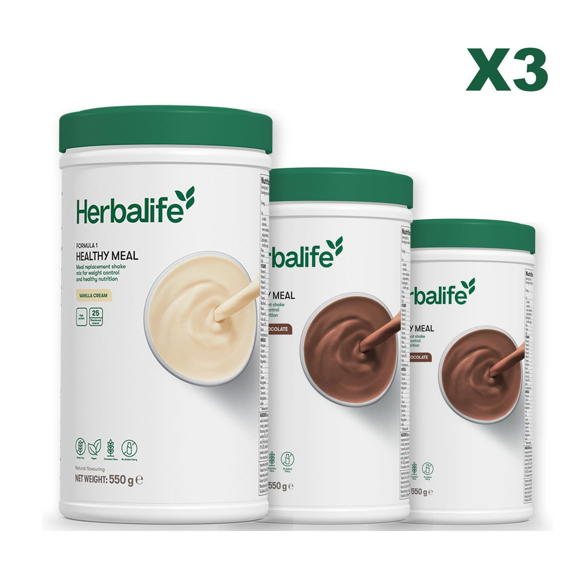 Three Formula 1 shake tubs led by Vanilla Cream, plus two flavours you choose, Chocolate / Chocolate