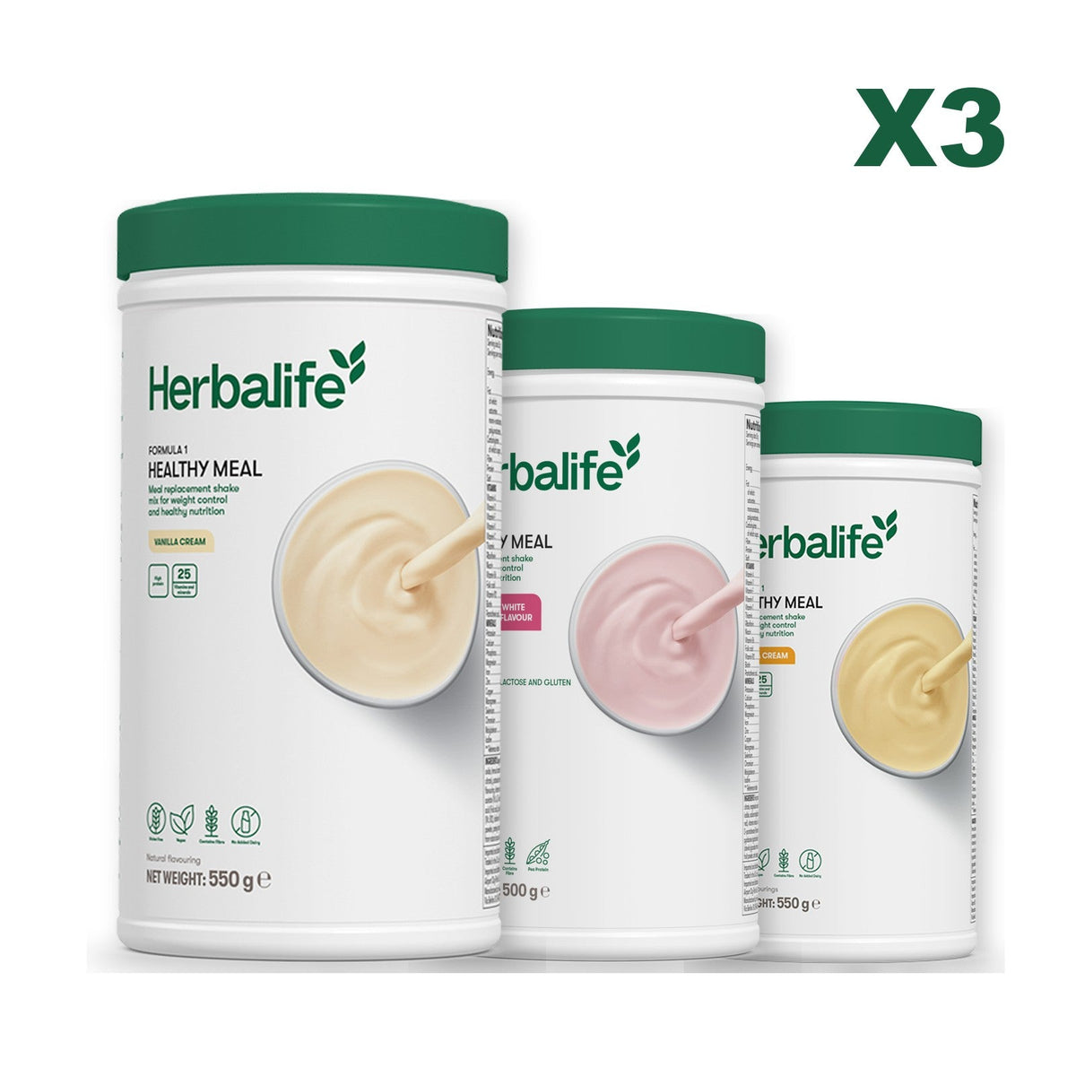 Three Formula 1 shake tubs led by Vanilla Cream, plus two flavours you choose, Free From Raspberry & White Chocolate / Banana Cream