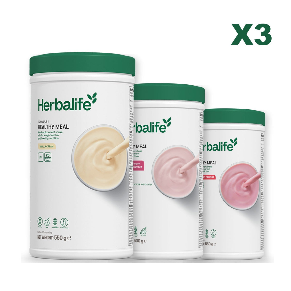 Three Formula 1 shake tubs led by Vanilla Cream, plus two flavours you choose, Free From Raspberry & White Chocolate / Strawberry