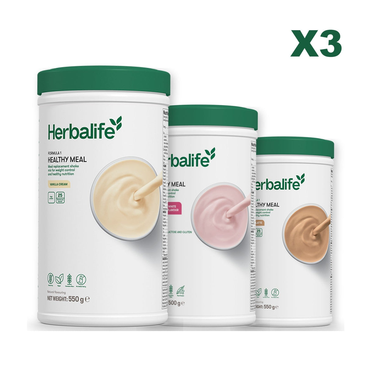 Three Formula 1 shake tubs led by Vanilla Cream, plus two flavours you choose, Free From Raspberry & White Chocolate / Cafe Latte