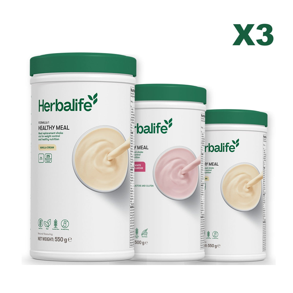 Three Formula 1 shake tubs led by Vanilla Cream, plus two flavours you choose, Free From Raspberry & White Chocolate / Vanilla