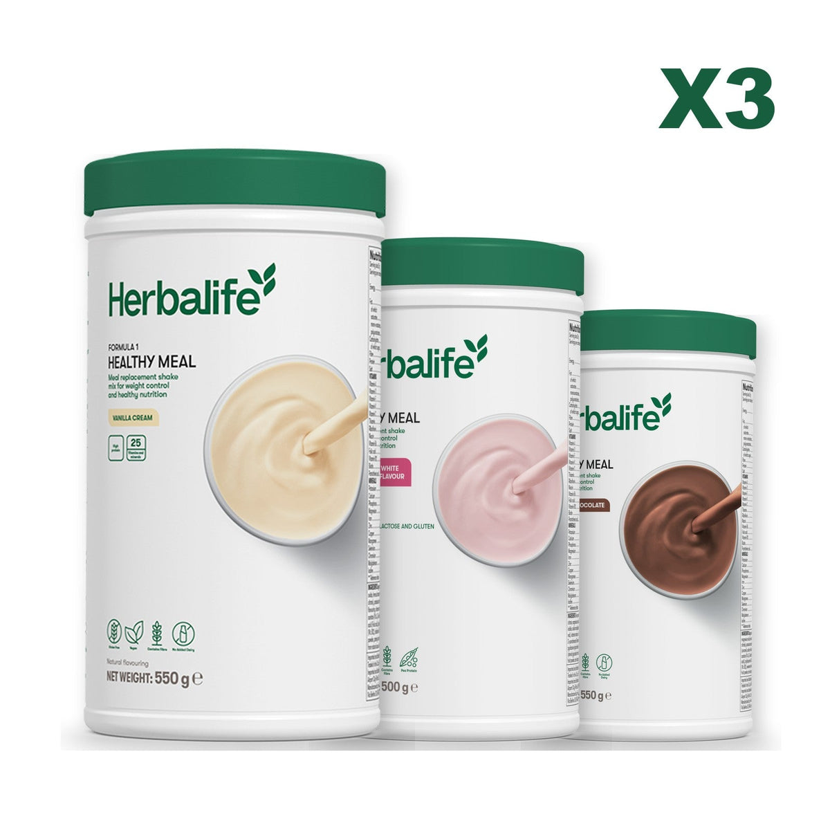 Three Formula 1 shake tubs led by Vanilla Cream, plus two flavours you choose, Free From Raspberry & White Chocolate / Chocolate
