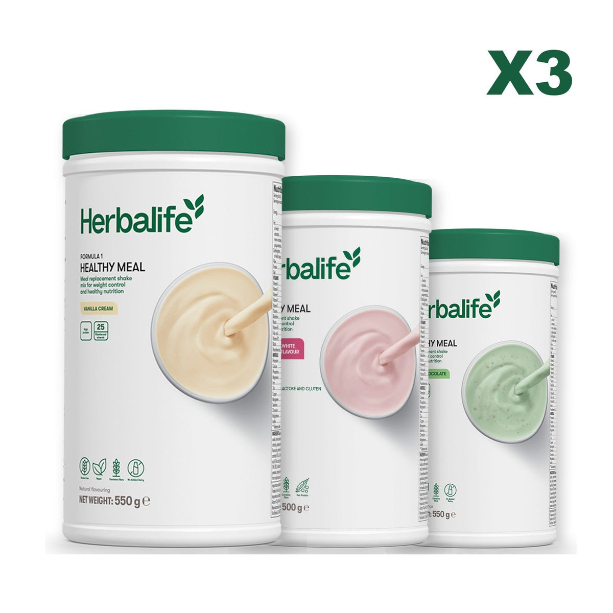 Three Formula 1 shake tubs led by Vanilla Cream, plus two flavours you choose, Free From Raspberry & White Chocolate / Mint Chocolate
