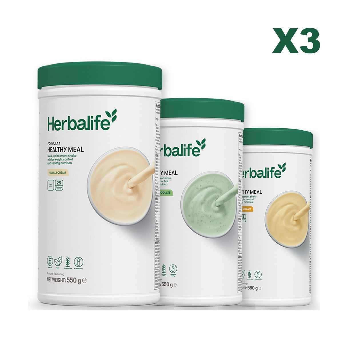 Three Formula 1 shake tubs led by Vanilla Cream, plus two flavours you choose, Mint Chocolate / Banana Cream