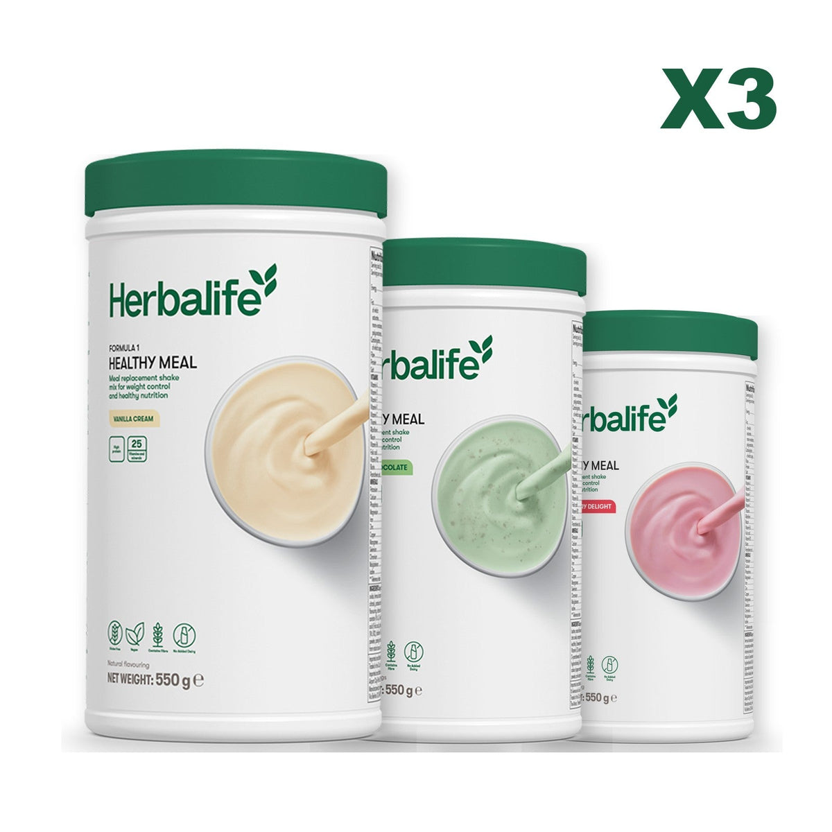 Three Formula 1 shake tubs led by Vanilla Cream, plus two flavours you choose, Mint Chocolate / Strawberry