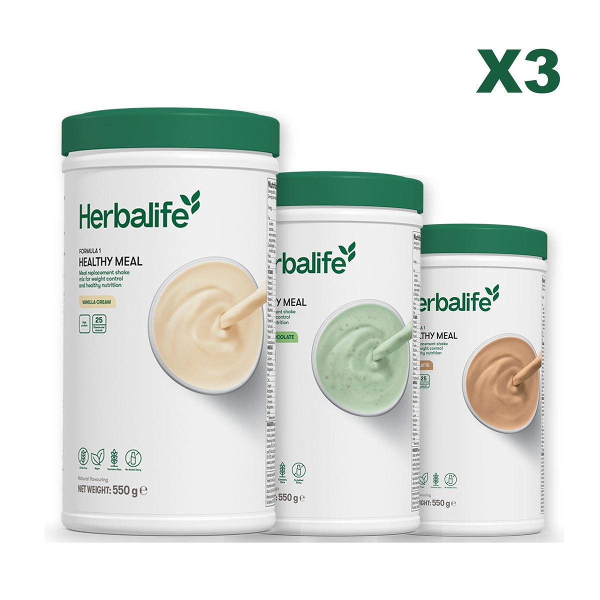Three Formula 1 shake tubs led by Vanilla Cream, plus two flavours you choose, Mint Chocolate / Cafe Latte