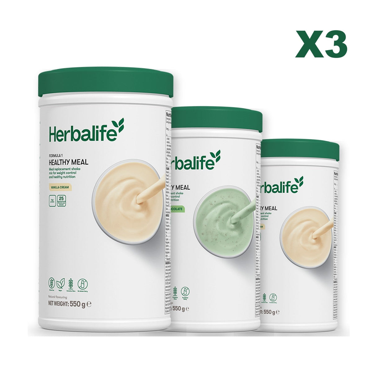 Three Formula 1 shake tubs led by Vanilla Cream, plus two flavours you choose, Mint Chocolate / Vanilla