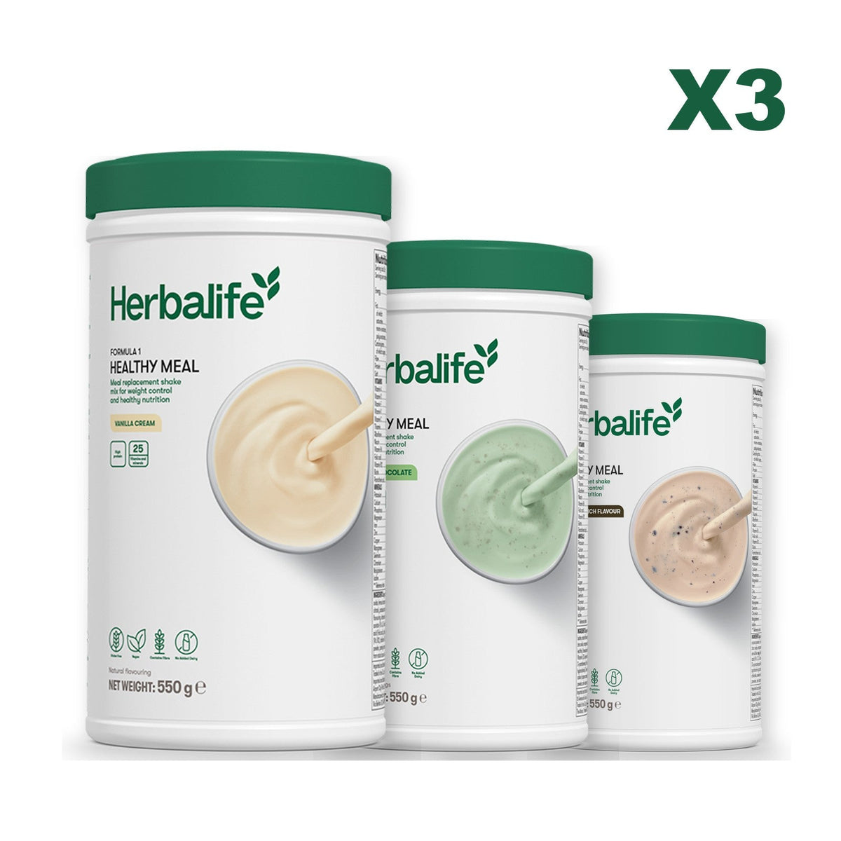 Three Formula 1 shake tubs led by Vanilla Cream, plus two flavours you choose, Mint Chocolate / Cookie Crunch
