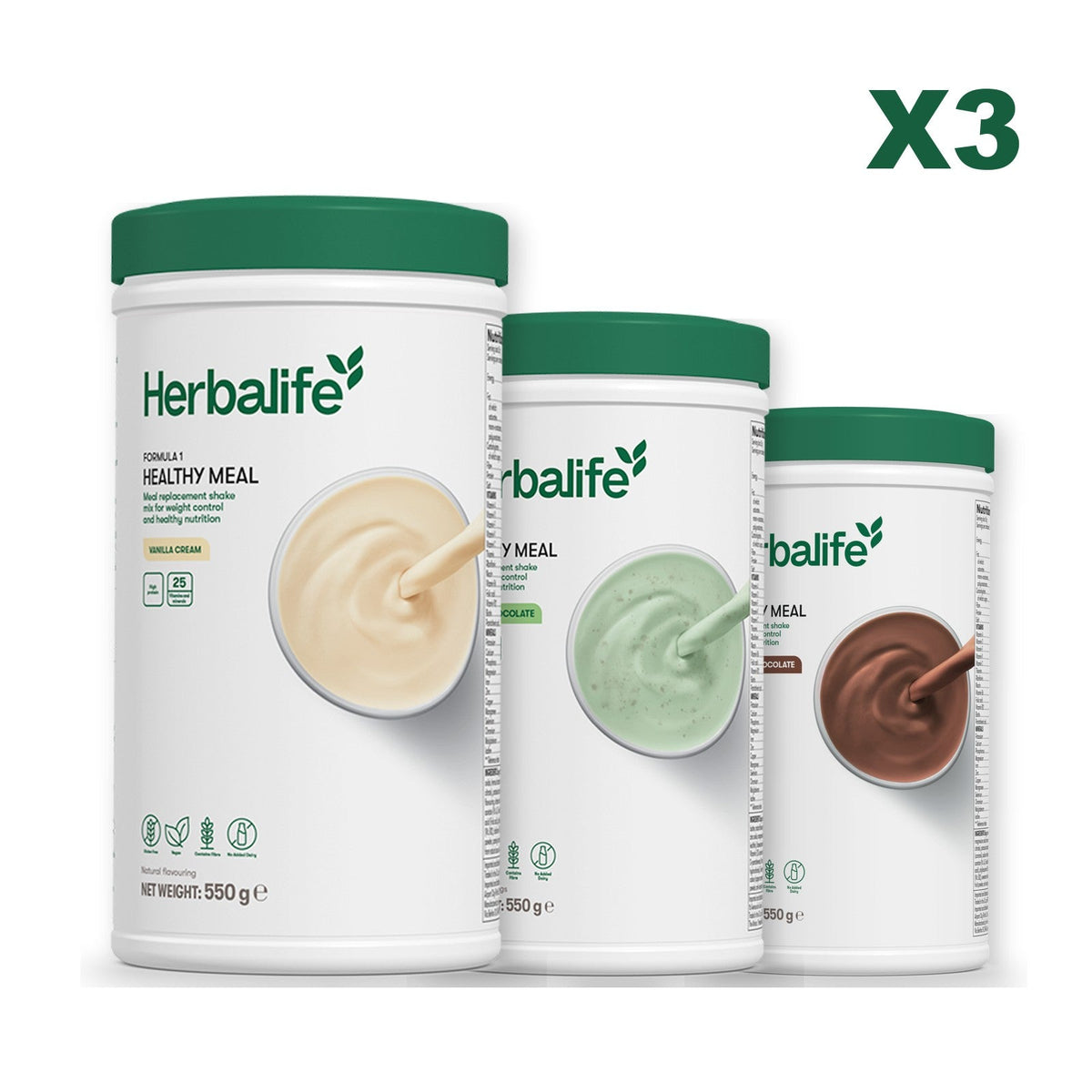 Three Formula 1 shake tubs led by Vanilla Cream, plus two flavours you choose, Mint Chocolate / Chocolate