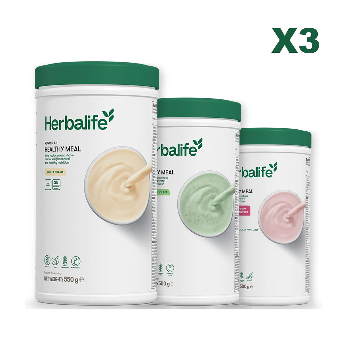 Three Formula 1 shake tubs led by Vanilla Cream, plus two flavours you choose, Mint Chocolate / Free From Raspberry & White Chocolate