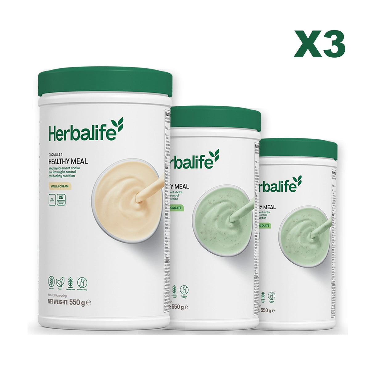 Three Formula 1 shake tubs led by Vanilla Cream, plus two flavours you choose, Mint Chocolate / Mint Chocolate