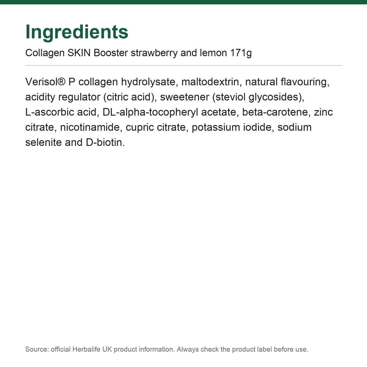 Herbalife SKIN Collagen Skin Booster strawberry and lemon 171 g tub of collagen drink powder