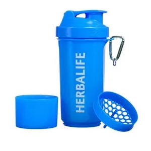 Neon 500 ml shaker bottle with mixing grid, storage compartment and carry clip, Blue