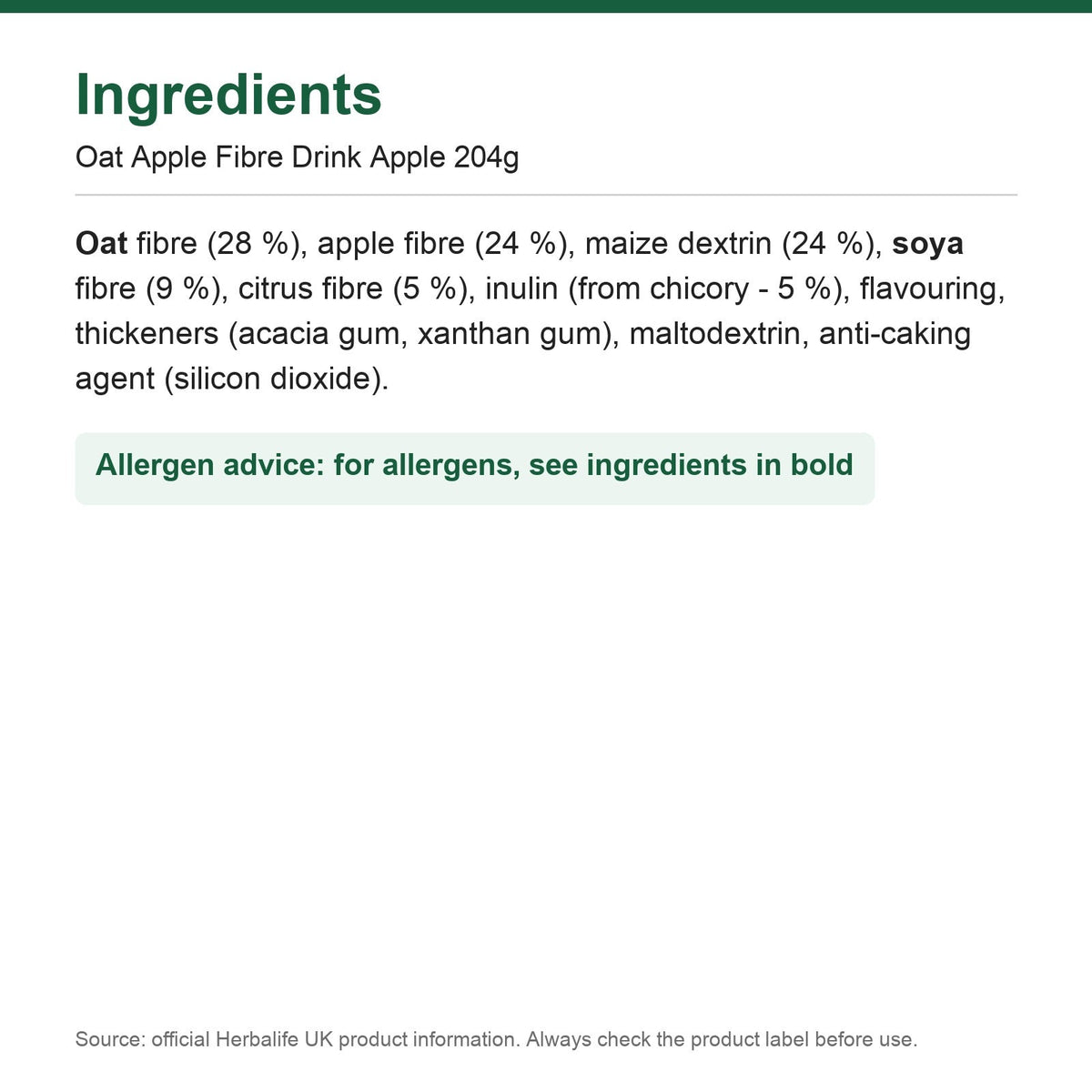 Oat Apple Fibre powder drink tub, 204 g apple flavoured fibre blend with 5 g fibre per scoop