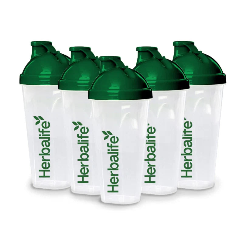 Five pack of clear Herbalife shaker cups with green flip-top lids