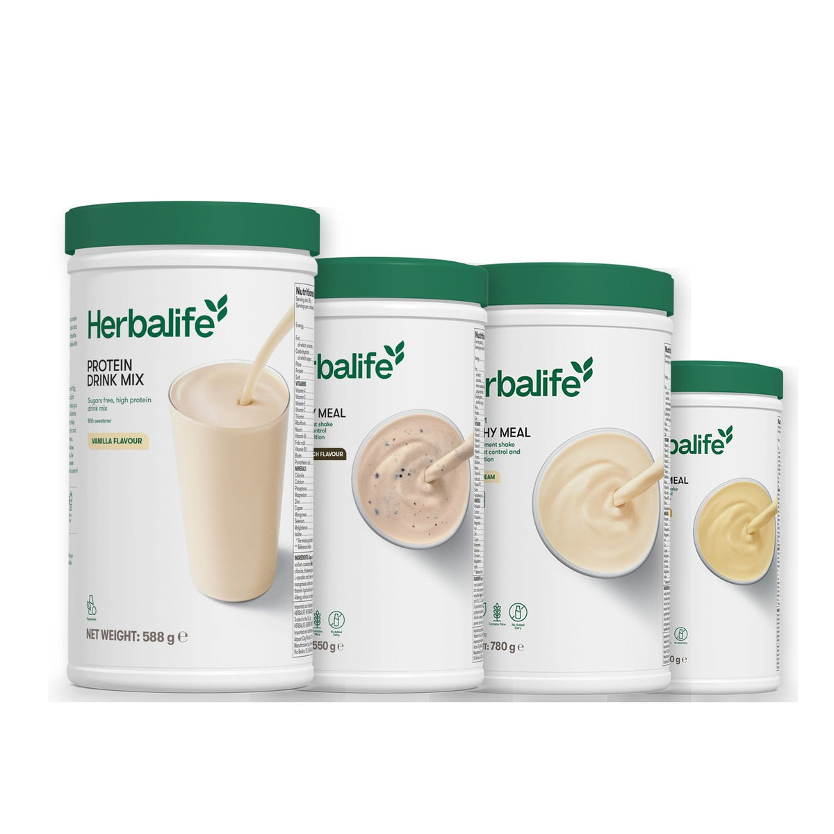 Formula 1 Cookie Crunch shake tub with two more Formula 1 tubs and a vanilla Protein Drink Mix tub, Vanilla (Large 780g) / Banana Cream