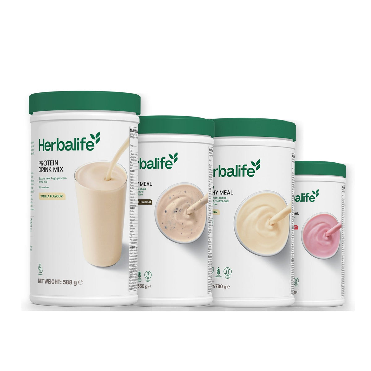 Formula 1 Cookie Crunch shake tub with two more Formula 1 tubs and a vanilla Protein Drink Mix tub, Vanilla (Large 780g) / Strawberry