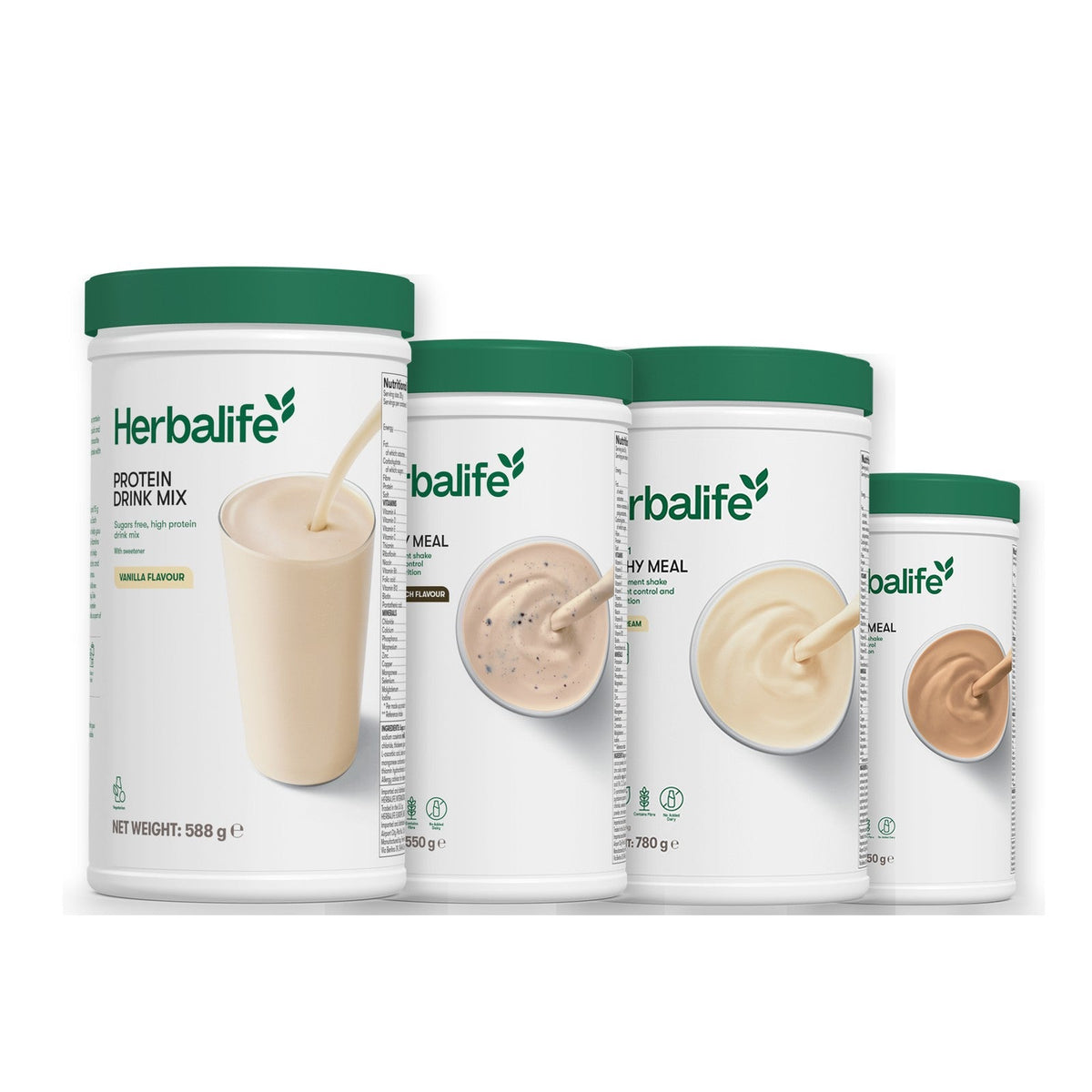 Formula 1 Cookie Crunch shake tub with two more Formula 1 tubs and a vanilla Protein Drink Mix tub, Vanilla (Large 780g) / Cafe Latte