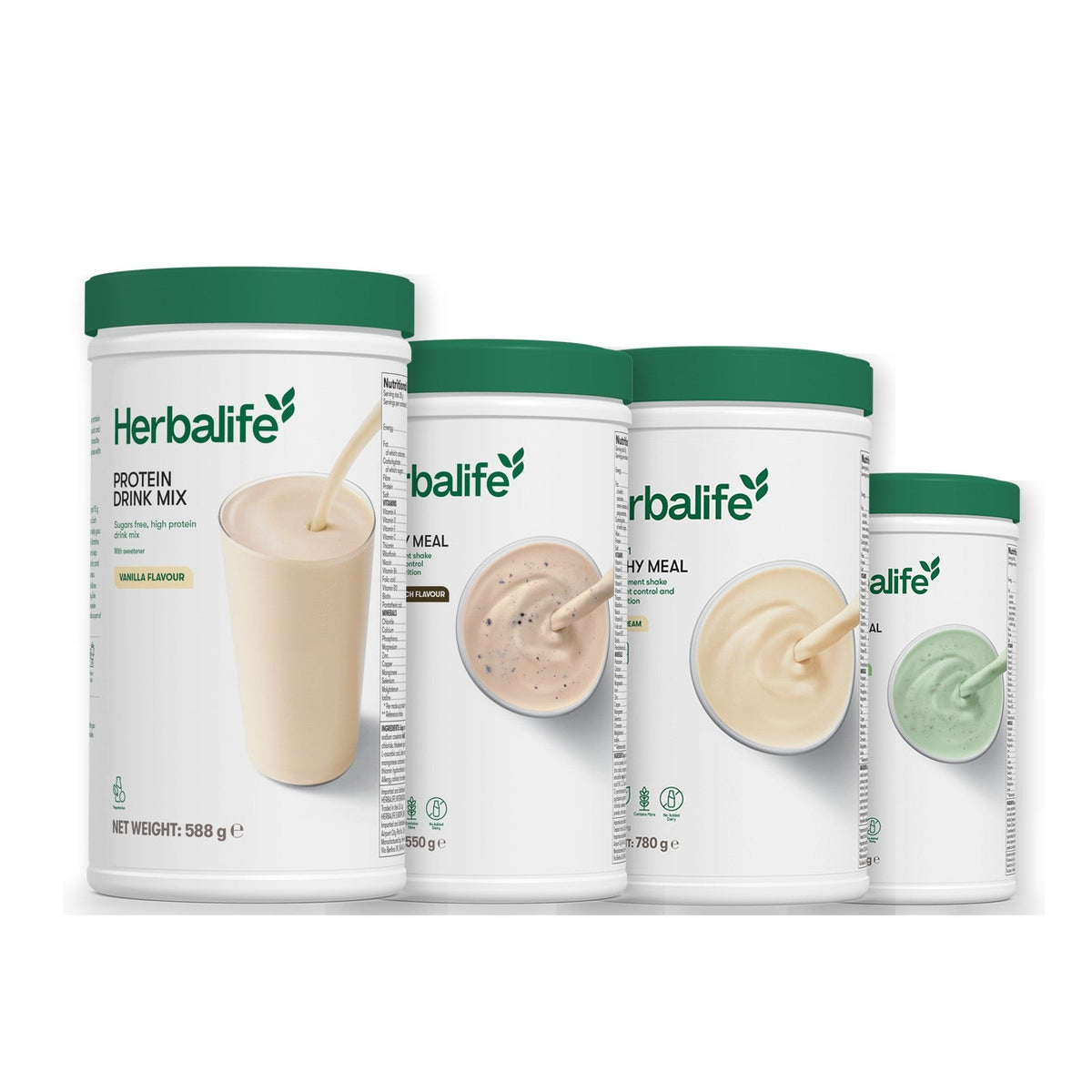 Formula 1 Cookie Crunch shake tub with two more Formula 1 tubs and a vanilla Protein Drink Mix tub, Vanilla (Large 780g) / Mint Chocolate