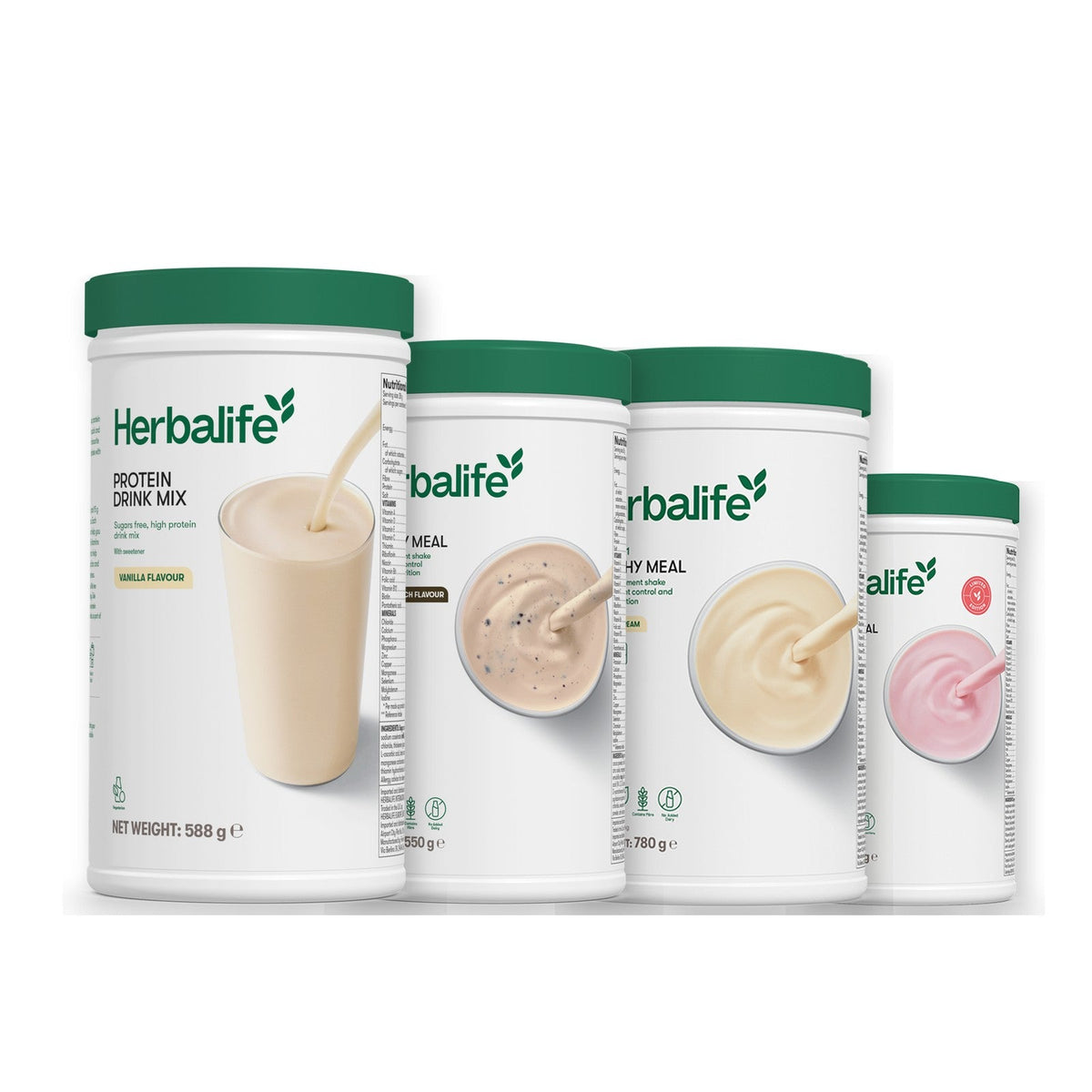 Formula 1 Cookie Crunch shake tub with two more Formula 1 tubs and a vanilla Protein Drink Mix tub, Vanilla (Large 780g) / Strawberry Watermelon