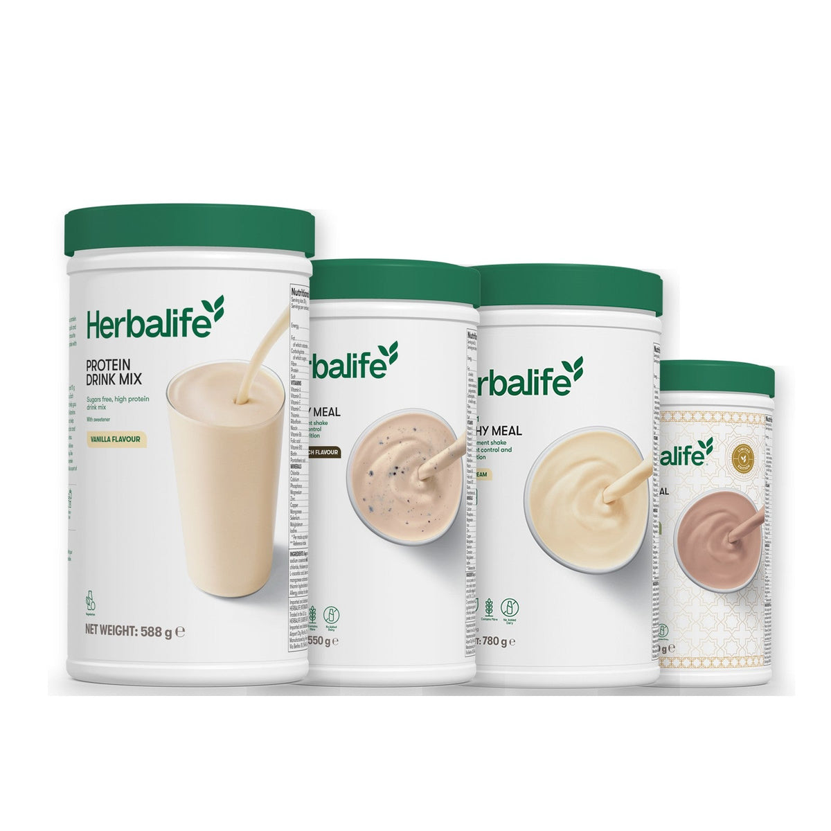 Formula 1 Cookie Crunch shake tub with two more Formula 1 tubs and a vanilla Protein Drink Mix tub, Vanilla (Large 780g) / Dubai Style Chocolate