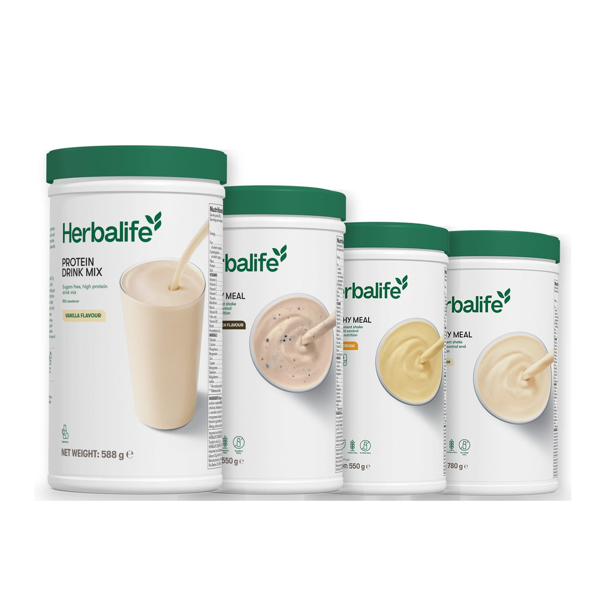 Formula 1 Cookie Crunch shake tub with two more Formula 1 tubs and a vanilla Protein Drink Mix tub, Banana Cream / Vanilla (Large 780g)