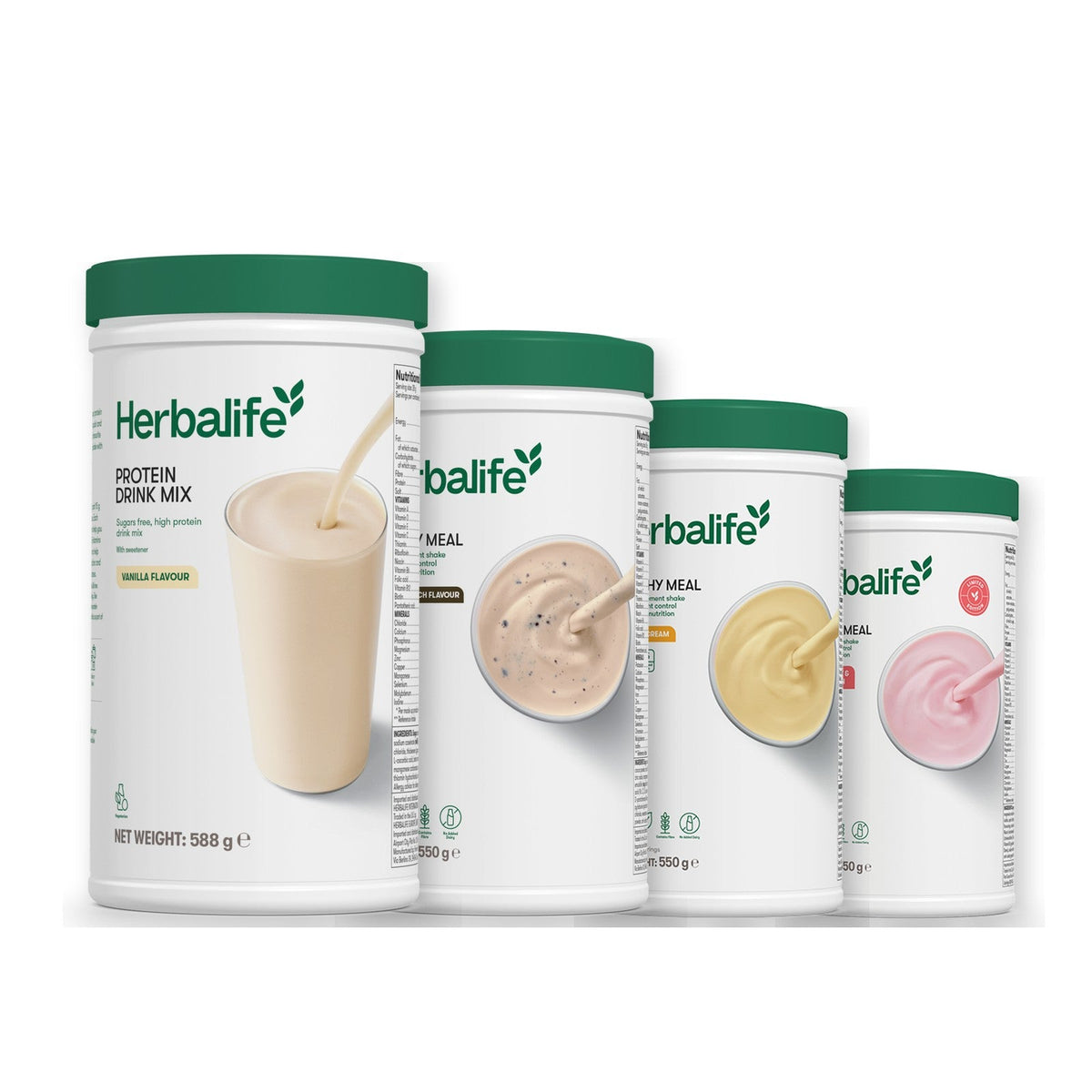Formula 1 Cookie Crunch shake tub with two more Formula 1 tubs and a vanilla Protein Drink Mix tub, Banana Cream / Strawberry Watermelon