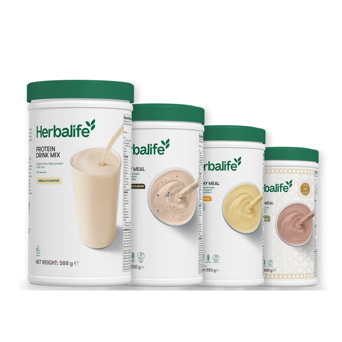 Formula 1 Cookie Crunch shake tub with two more Formula 1 tubs and a vanilla Protein Drink Mix tub, Banana Cream / Dubai Style Chocolate