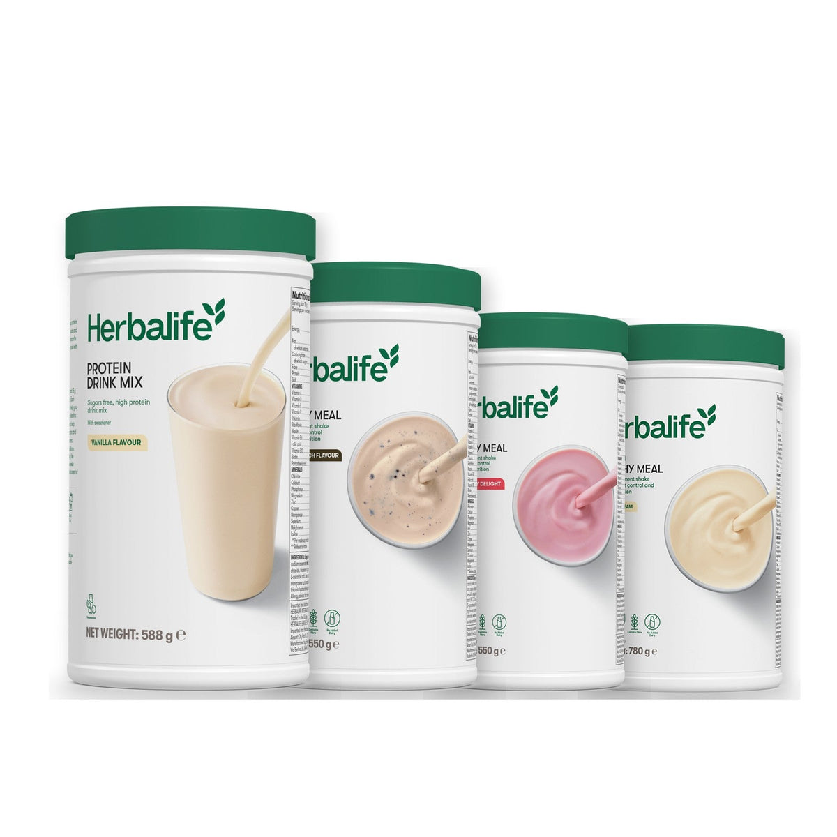 Formula 1 Cookie Crunch shake tub with two more Formula 1 tubs and a vanilla Protein Drink Mix tub, Strawberry / Vanilla (Large 780g)