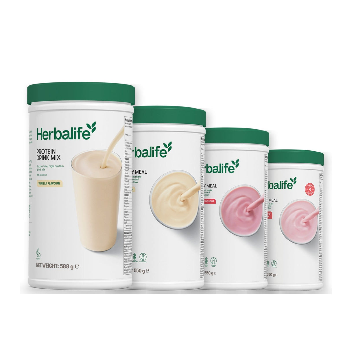 Formula 1 Vanilla Cream shake tub with two more Formula 1 tubs and a vanilla Protein Drink Mix tub, Strawberry / Strawberry Watermelon