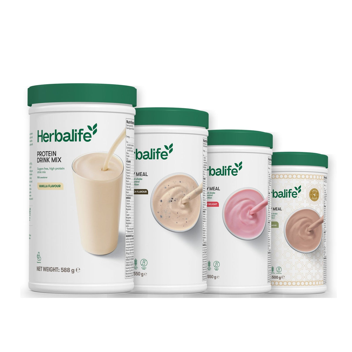 Formula 1 Cookie Crunch shake tub with two more Formula 1 tubs and a vanilla Protein Drink Mix tub, Strawberry / Dubai Style Chocolate