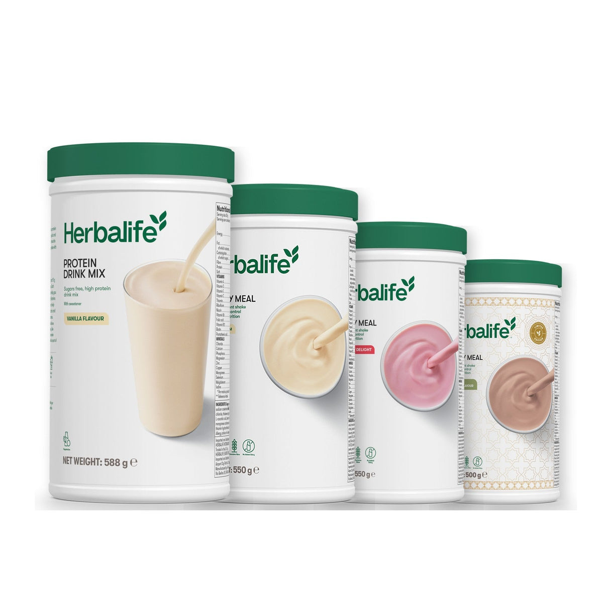 Formula 1 Vanilla Cream shake tub with two more Formula 1 tubs and a vanilla Protein Drink Mix tub, Strawberry / Dubai Style Chocolate