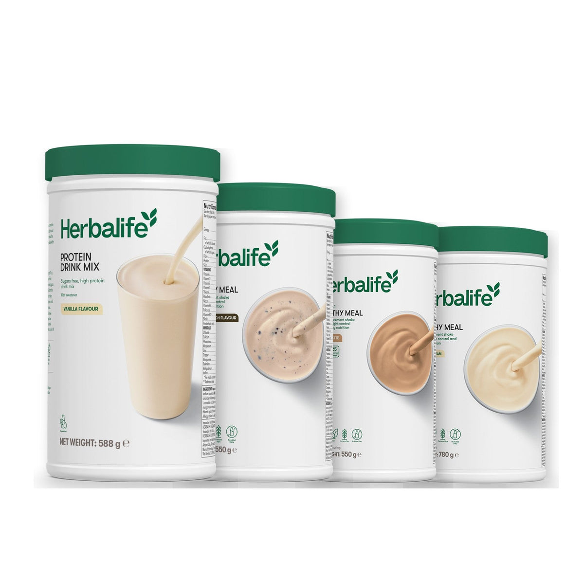 Formula 1 Cookie Crunch shake tub with two more Formula 1 tubs and a vanilla Protein Drink Mix tub, Cafe Latte / Vanilla (Large 780g)