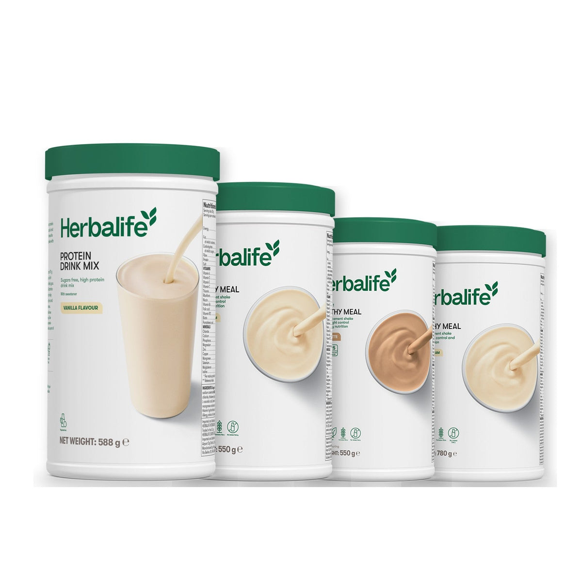 Formula 1 Vanilla Cream shake tub with two more Formula 1 tubs and a vanilla Protein Drink Mix tub, Cafe Latte / Vanilla (Large 780g)