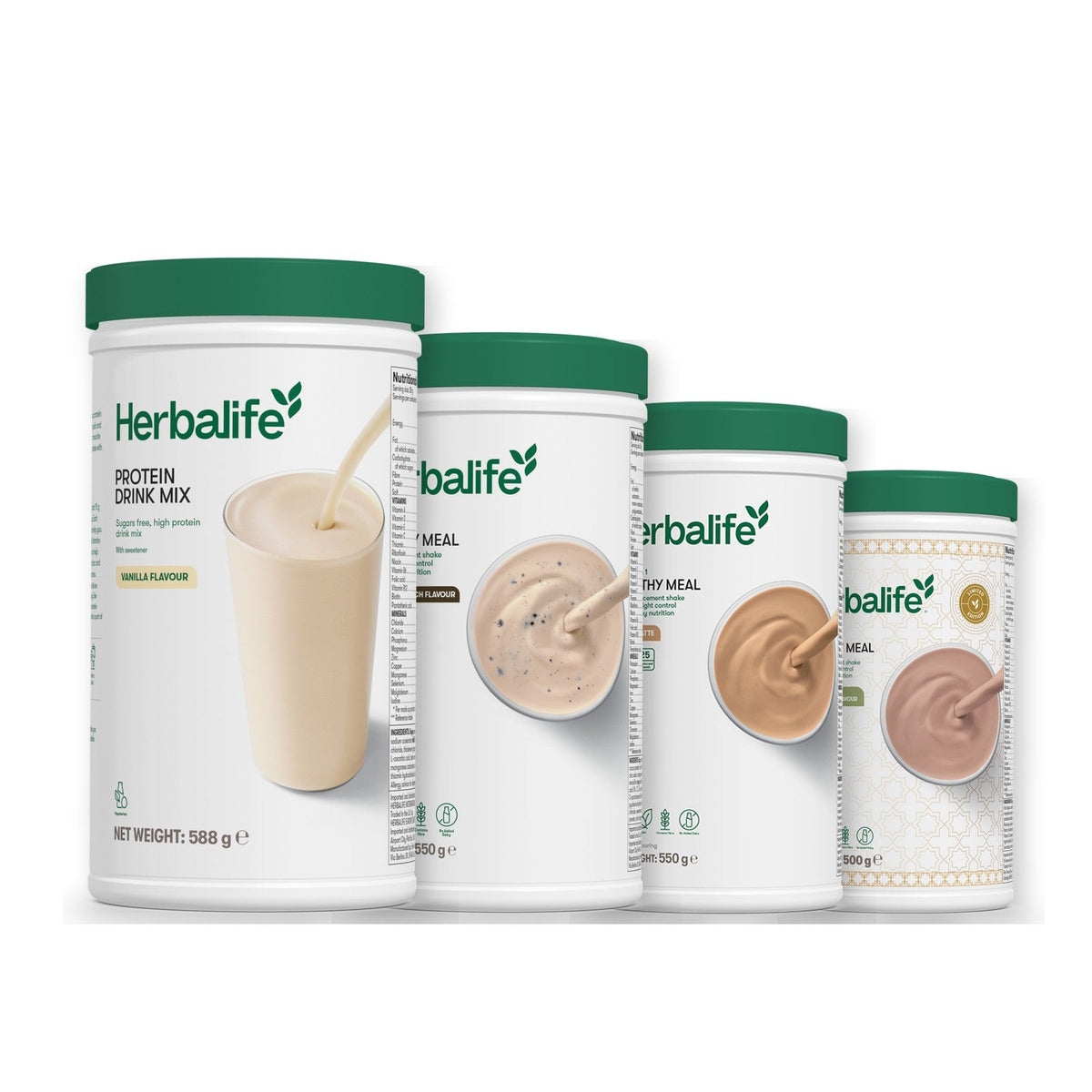 Formula 1 Cookie Crunch shake tub with two more Formula 1 tubs and a vanilla Protein Drink Mix tub, Cafe Latte / Dubai Style Chocolate