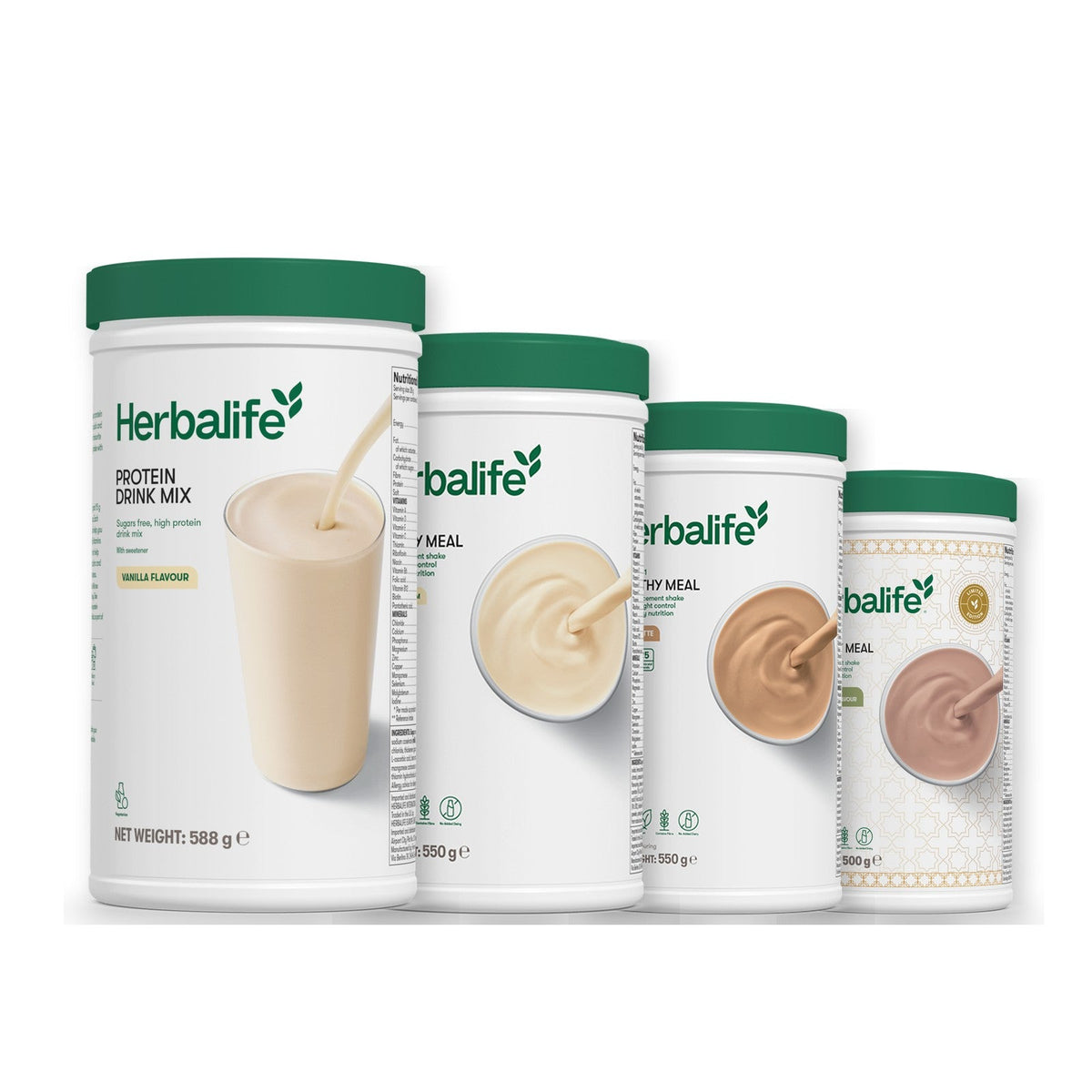 Formula 1 Vanilla Cream shake tub with two more Formula 1 tubs and a vanilla Protein Drink Mix tub, Cafe Latte / Dubai Style Chocolate