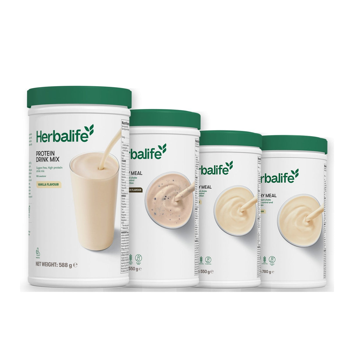 Formula 1 Cookie Crunch shake tub with two more Formula 1 tubs and a vanilla Protein Drink Mix tub, Vanilla / Vanilla (Large 780g)