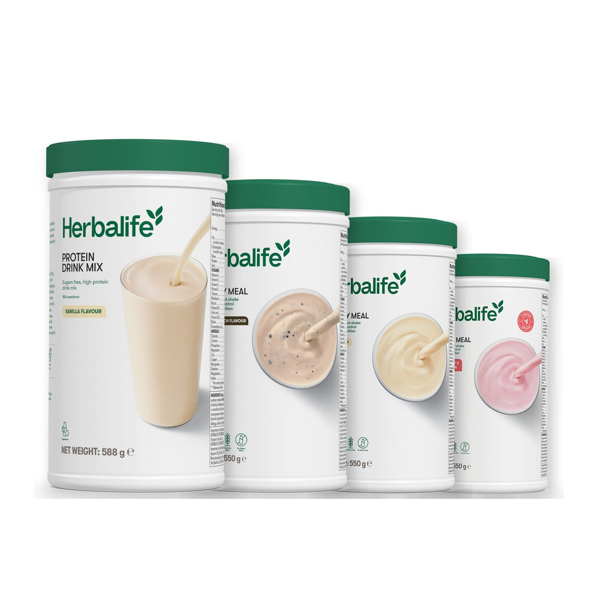 Formula 1 Cookie Crunch shake tub with two more Formula 1 tubs and a vanilla Protein Drink Mix tub, Vanilla / Strawberry Watermelon