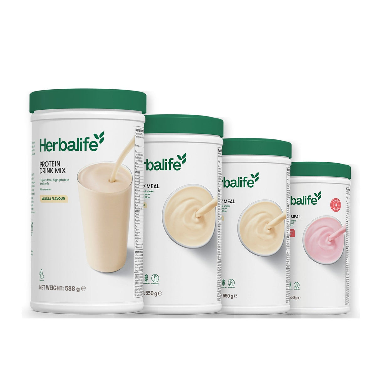 Formula 1 Vanilla Cream shake tub with two more Formula 1 tubs and a vanilla Protein Drink Mix tub, Vanilla / Strawberry Watermelon