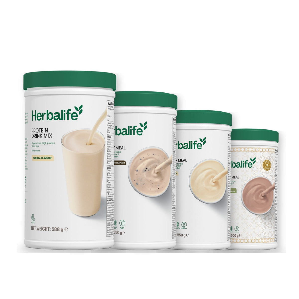 Formula 1 Cookie Crunch shake tub with two more Formula 1 tubs and a vanilla Protein Drink Mix tub, Vanilla / Dubai Style Chocolate